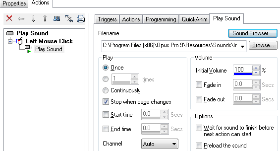 Properties for Play Sound action in multimedia authoring