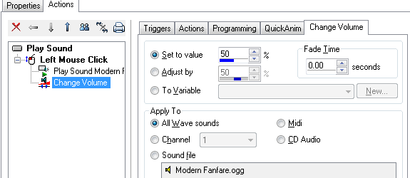 Change Volume action in multimedia authroing